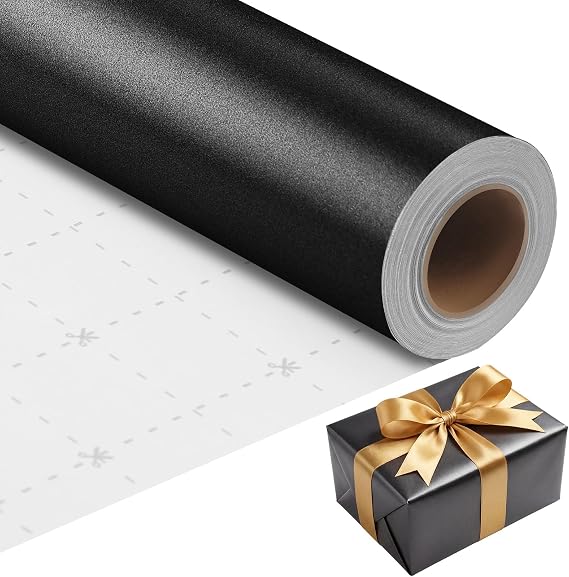 Black Wrapping Paper -Mini Roll- 17 Inch X 33 Feet Solid Color Pearly Shiny | Matte Wrapping Paper with Gridlines for Men's Birthday Wedding DIY Bouquet Crafts