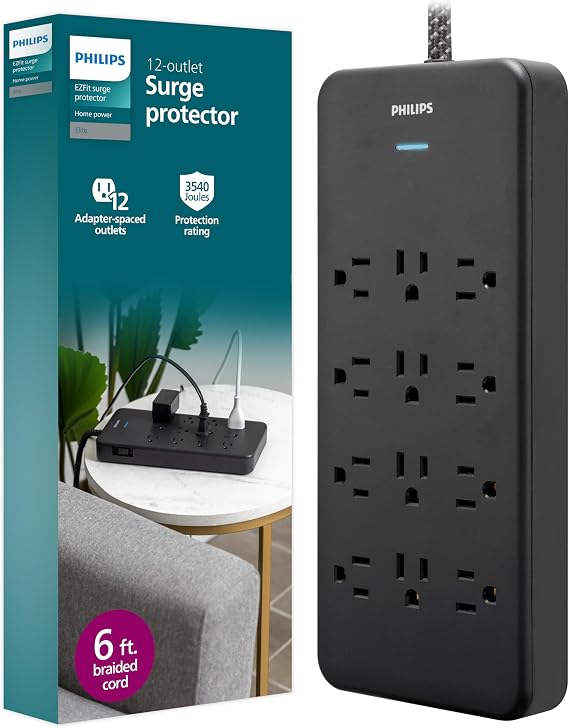 Philips 12-Outlet Surge Protector Power Strip, 6 Ft Braided Extension Cord | Wide Spaced Outlet Extender, 3500 Joules, Flat Plug, Wall Mount, ETL Safety Listed, Black, SPP3813B/37