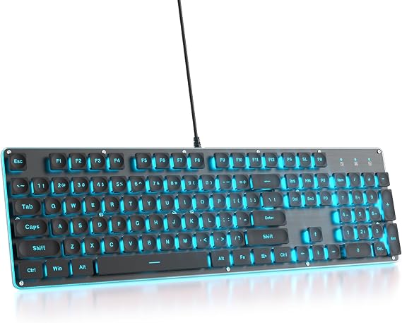 Quiet Keyboard Wired Membrane Keyboard Black, Full Size 104 Keys Light Up Key Board with Number Pad, Blue LED Backlit, Metal Panel, Squre Keycaps, USB Computer Keyboards (Black)