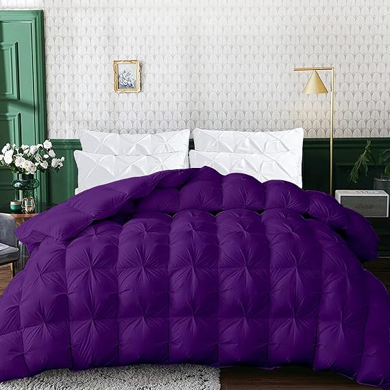 1 PC Only Bedding Comforter, 100% Soft Egyptian Cotton All Season Down Alternative Stylish Look Eastern King -Purple Pinch Pleated Buffy Quilted 500 GSM Fill Power Winter Warmth Single Quilt