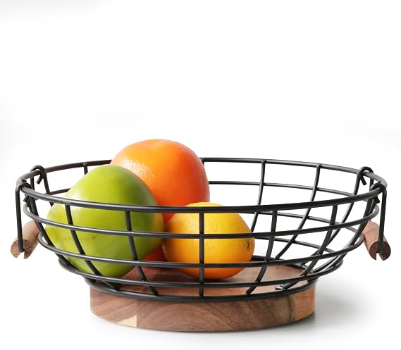 WILDMOS Fruit Basket,black Wire Basket with Acacia Wood Base,large Fruit Bowl for Countertop,black Baskets for Fruits, Breads, Vegetables Storage. (10-inch)