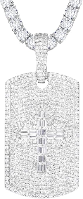 925 Sterling Silver Iced Out Pendant 18K Gold Plated Hip Hop Rectangle Pendant Necklace For Men Women Bling Moissanite Necklaces Cross Dog Tag With 18/20/ 24/ 30in Tennis Chain Birthday Gifts