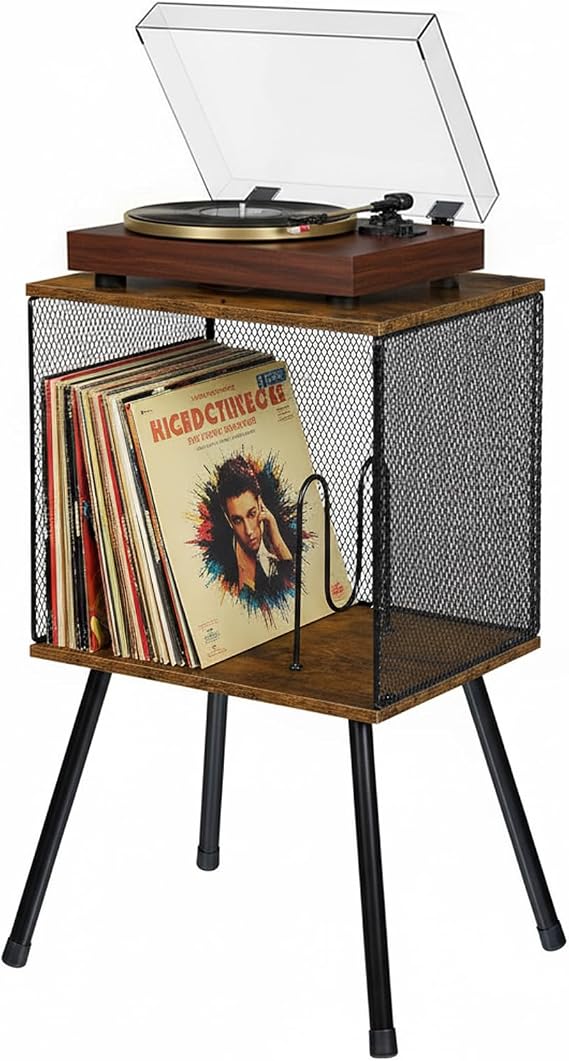 Vinyl Record Player Stand with Storage, Retro Turntable Table with Adjustable Dividers Holds up to 100 LPs, Record Holder & Organiser for Bedroom Living Room