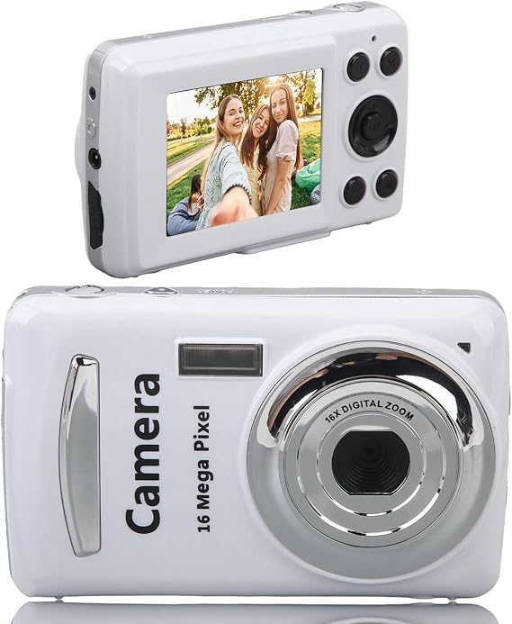 Portable Digital Camera,1080P 16MP FHD with 2.4in LCD Screen Anti Shake Compact Camera,16X Digital Zoom Simple Vlogging Camera for Kids Teen Beginner (White)