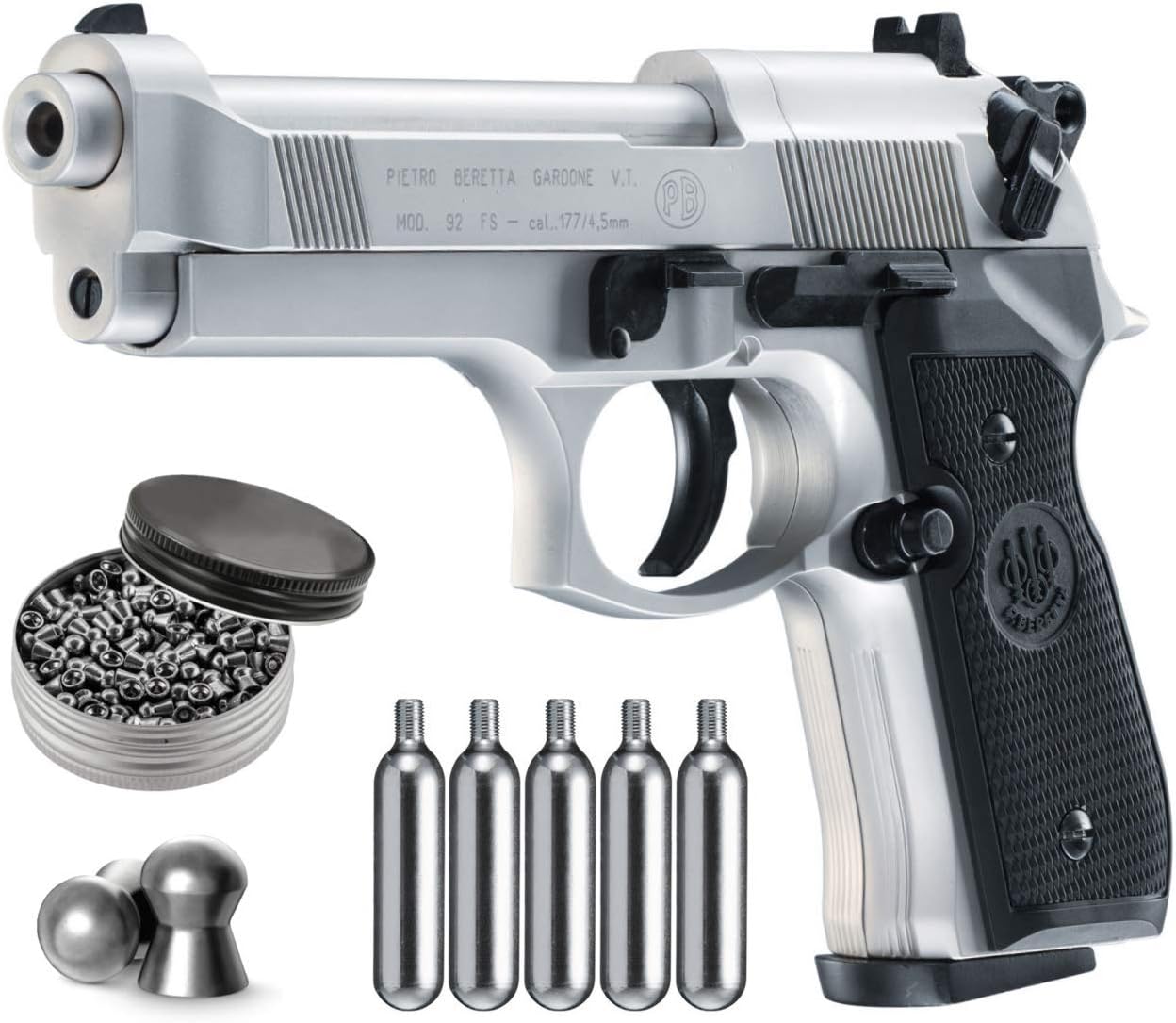 Beretta M92FS Air Gun with 5x12 CO2 Tanks and Pack of 500ct Lead Pellets Bundle NickelBlackAccessories