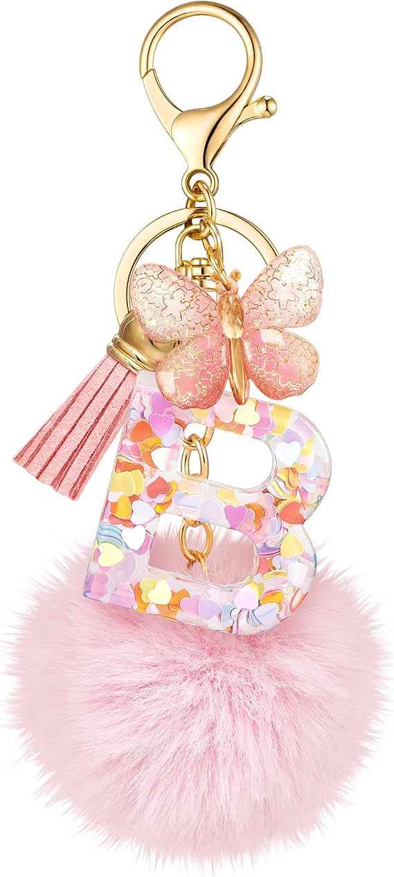 SELOVO Initial Keychain Letter Butterfly Fluffy Ball Charms Cute Keychain for Key Handbag Backpack