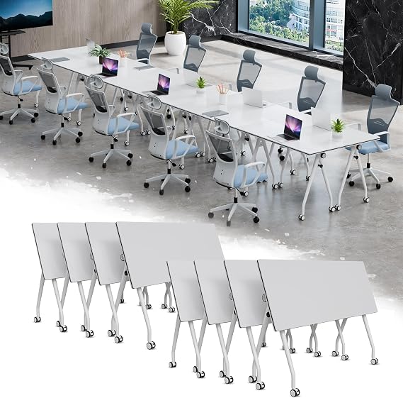 Folding Conference Table,Modular Foldable Conference Room Tables with Wheels for 4-12,Large Small Meeting Table Mobile Training Office Table for Classroom School (4, Pure White, 55")