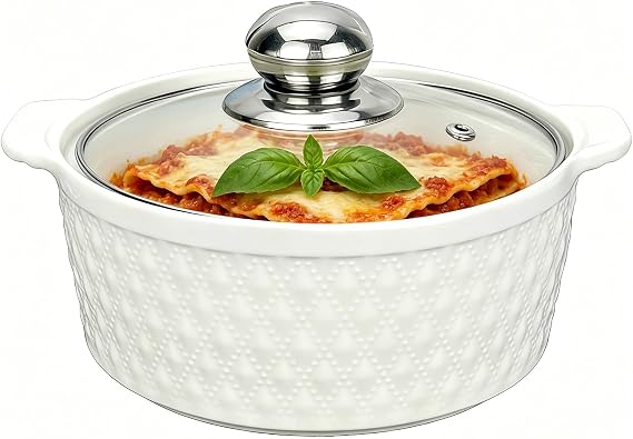 Casserole Dish with Lid, Ceramic Casserole Dish for Oven, 1.25 Quart White Small Casserole Dish with Lid, Emboss 8 Mini Cocotte with Lid