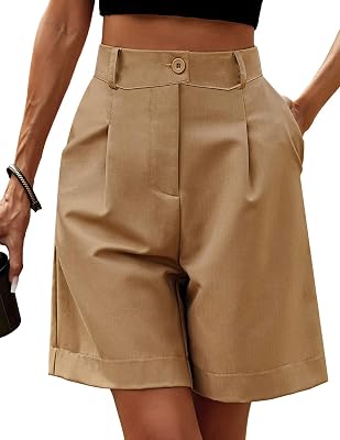 XinYangNi Womens Casual Shorts Elastic High Waisted Dressy Wide Leg Knee Length Bermuda Shorts with Pockets