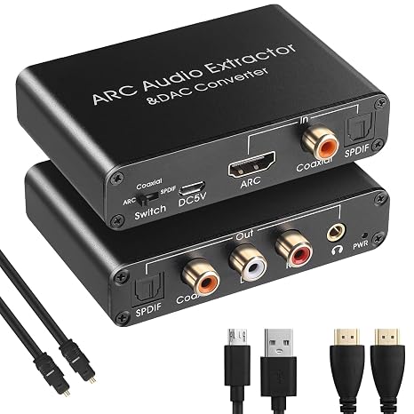 192KHz DAC Converter, Digital to Analogue L/R RCA Adapter, HDMI ARC Audio Extractor to SPDIF, Coaxial, 3.5mm, L/R, CEC Volume Adjustable (ARC-Converter)