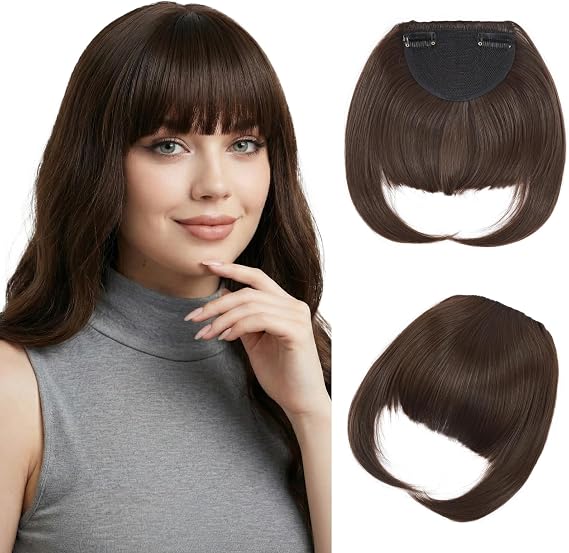 Benehair Clip in Fringe Natural Fringe Clip in Hair Curved Air Hair Bangs with Temples Synthetic Medium Brown Hairpieces for Women Girls Daily Wear(Medium Brown, 30g)