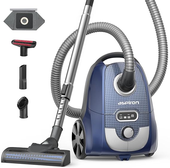 Aspiron Canister Vacuum, 1600W/40Kpa Canister Bagged Vacuum,4QT Dust Bag