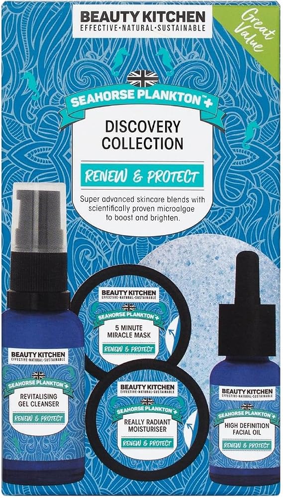 Beauty Kitchen - Seahorse Plankton + Discovery Collection - Hydrating Moisturiser, Cleanser, Mask, Oil &amp; Sponge - For Fine Lines, Wrinkes &amp; Uneven Skin Tone - Vegan/Cruelty Free