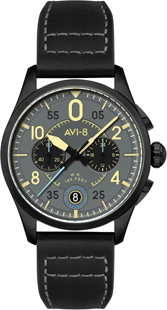 AVI-8 Mens 42mm Spitfire Lock Chronograph Japanese Quartz Pilot Watch with Leather Strap AV-4089, Heavy Grey, Lock Chronograph