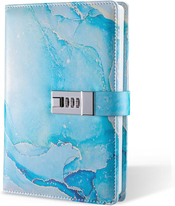 Diary with Lock, A5 Lockable Journal, PU Leather Combination Lock Diary, Lock Diary Planner Organizer for Men and Women, Office Product 8.6 x 5.9 in- Sky Blue