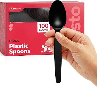 Comfy Package [100 Pack] Basic Black Plastic Spoons, Heavy Duty Disposable Utensils - Perfect for Parties, Events, and Dinner