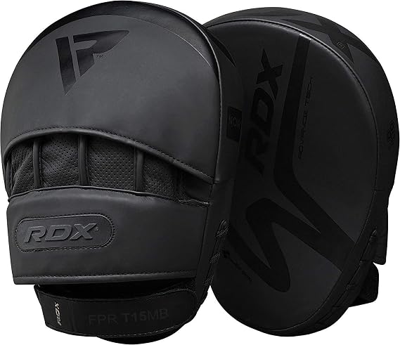RDX Boxing Pads Focus Mitts, Convex Skin Leather Curved Hand Pad with Adjustable Strap, Hook and Jab Hand Strike Shield for MMA, Martial Arts, Punching Target, Muay Thai Training Matte Black