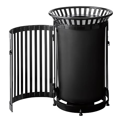 45 Gallon Outdoor Black Trash Can with Flat Lid & Door, Heavy-Duty Commercial Waste Bin Steel Slatted, Round Recycle Container, Durable Garbage Can for Parks, Municipalities, Parking, Schools