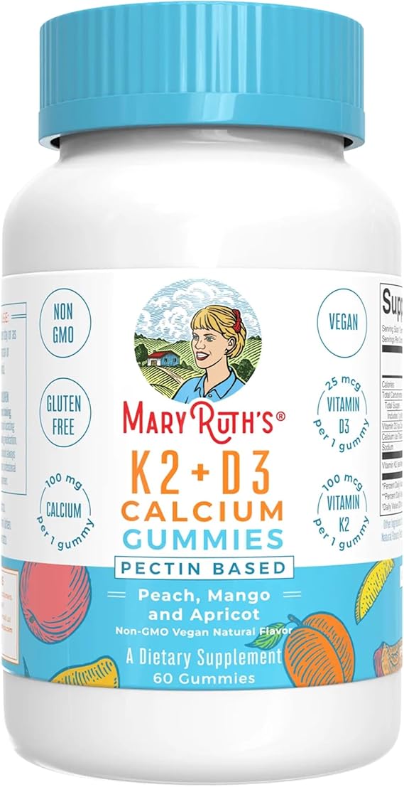 MARYRUTH'S Vitamin D3 K2 Calcium Gummies, Bone Health, 2 Month Supply, 60ct | 2 Month Supply, Supports Bone Health & Joint Support, With Vitamins D3 K2, Vegan, Non-GMO, Gluten Free