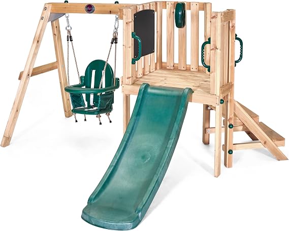Plum Wooden Toddler Swing Sets for Backyard, Outdoor Playset with Baby Swing Seat, Kids Slide, Fort, Playground Equipment with Blackboard, Telephone, Climbing Ladder, Weatherproof, Sturdy, Age 1-3yrs+
