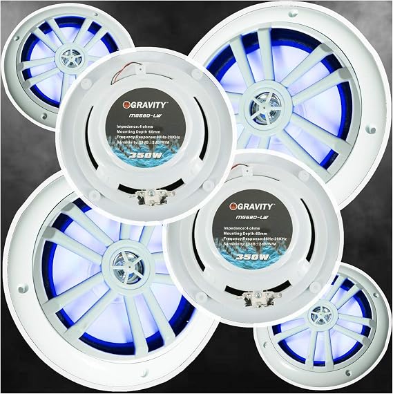 8X Gravity MG680-LW 6.5- inch 2-Way 1400 Watts Peak Power Marine Speakers CEA Rated Sensitivity- 88 dB Frequency Response- 80-20 kHz Impedance- 4 ohms White