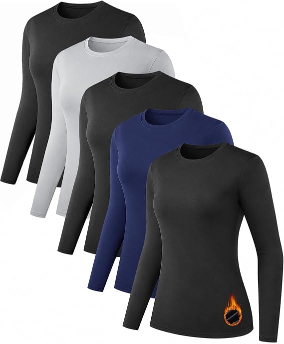 NebuKinex 5 Pack Women's Long Sleeve Thermal Shirts for Winter Baselayer | Ultra Soft fabric, Micro Fleece Lined, Warmth, 4-Way Stretch, Crew Neck Underwear, Slim Fit, for Yoga Skiing Cycling Workout