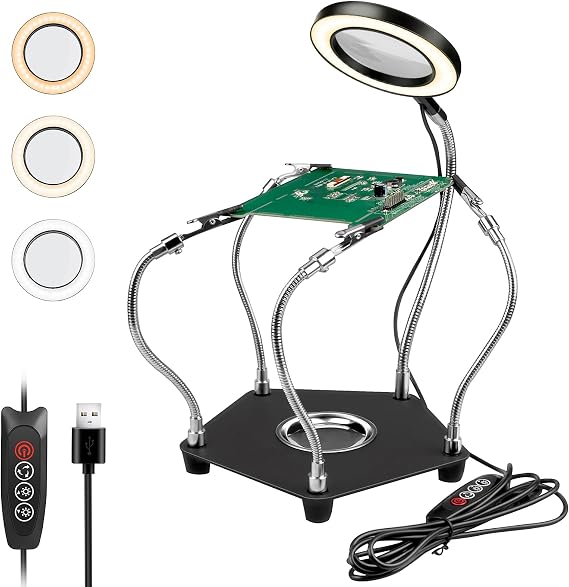 Helping Hands Soldering Station, Lytool Third Hand Soldering Tool | with 3X Magnifying Glass Dimmable LED, Flexible Helping Hands Soldering with 4 Flexible for Welding Repair Hobby DIY [Energy Class E]