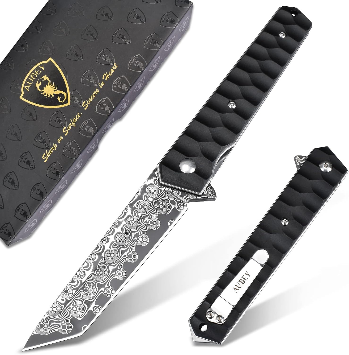 AUBEY Damascus Pocket Knife with Clip for Men Women- Tanto Blade Damascus Steel Folding Knives with Ball Bearing, Aluminum Non-Slip Handle and Glass Breaker, EDC Damascus Knife for Camping & Gift Black