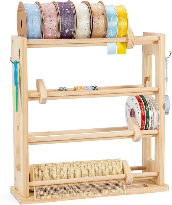 Crafit Ribbon Storage Rack, 4-Tier Ribbon Organizer Spool Holder Dispenser, Display Sewing Thread Mesh Ribbon Wreath Washi Tape for Craft Room Shops Boutiques Florist Gift Wrapping