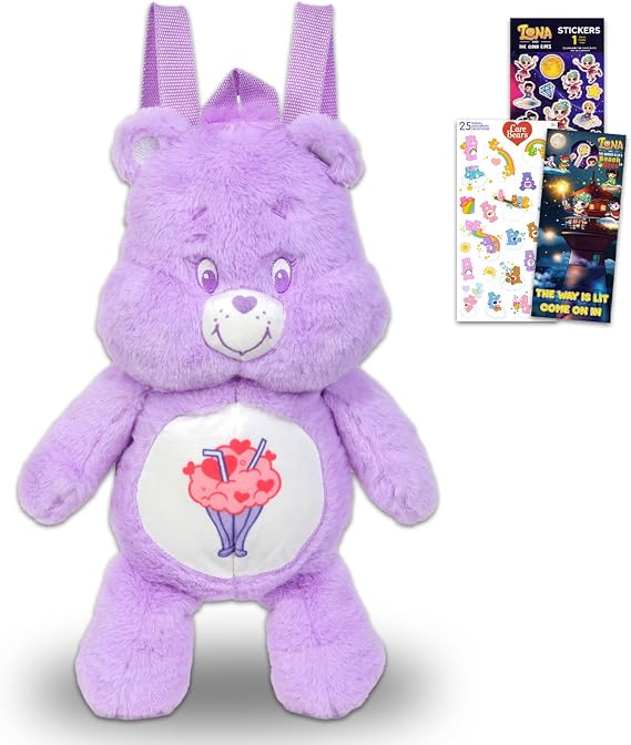 Care Bears Share Bear Plushie Set - Bundle of 17" Share Bear Plush Backpack Doll with Carrying Straps Plus Stickers, More | Care Bears Stuffed Animal