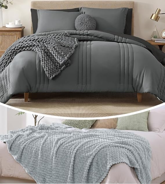 Monbix 7 Piece Comforter Sets and Fleece Throw Blanket Bundle