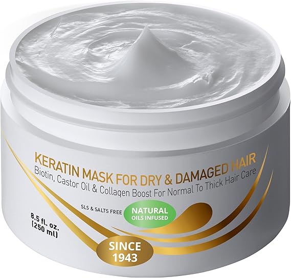 VITAMINS Hair Cosmetics Keratin Hair Mask for Damaged Locks - Deep Conditioner with Biotin, Castor & Coconut Oil - Collagen Protein Treatment for Thick Coarse Hair Repair - 250 ML | Deep Conditioning Repair For Normal, Dry Damaged Hair with Biotin, Collagen & Castor Oil, Repairs Split Ends & Restores Shine