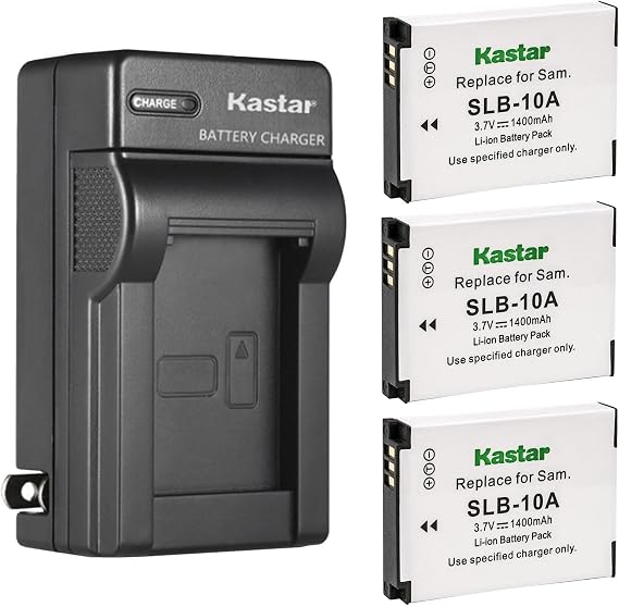 Kastar 3-Pack SLB-10A Battery and AC Wall Charger Replacement for Samsung SLB-10A EC-WB700ZCPSCN Battery, Samsung SBC-10A Charger, Samsung WB750, WB800F, WB850F, WB1000 Camera