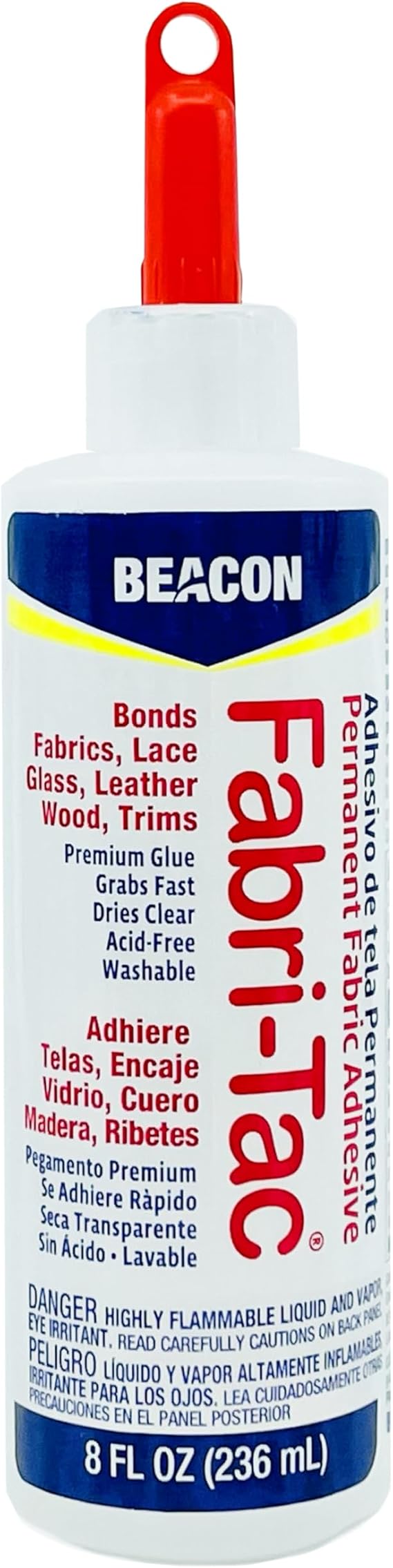 BEACON Fabri-Tac Premium Fabric Glue - Quick Drying, Crystal Clear, Permanent - for Fabrics, Canvas, Lace, Wood and More, 8-Ounce