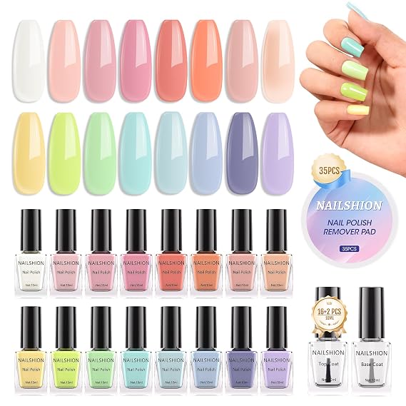 16 Colors Macaroon Nail Polish Set, Nude Pink Palette Nail Lacquer with Base Top Coat & Remover Pads, Quick Air Dry Non-Gel, French Nails Fingernail Toenail Nail Art Design Kit