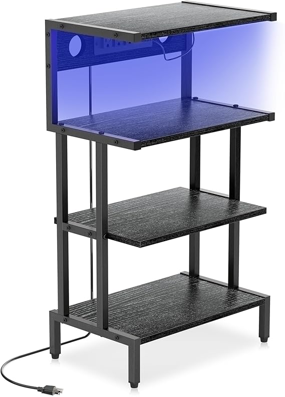 Aquzee Game Console Shelf, 4-Tier Video Gaming Consoles Stand with Outlet & RGB Light, Small Media Entertainment Center for Audio Stereo Storage Organizer Playroom Furniture, Stereo Stands and Racks
