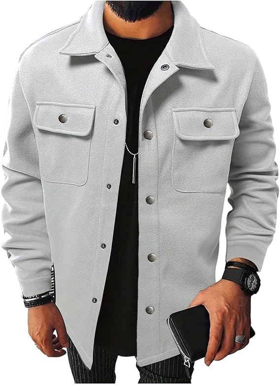 Mens Wool Blend Jacket Coat Collared Fall Winter Coats Casual Snap Button Soft Warm Outerwear with Chest Pockets