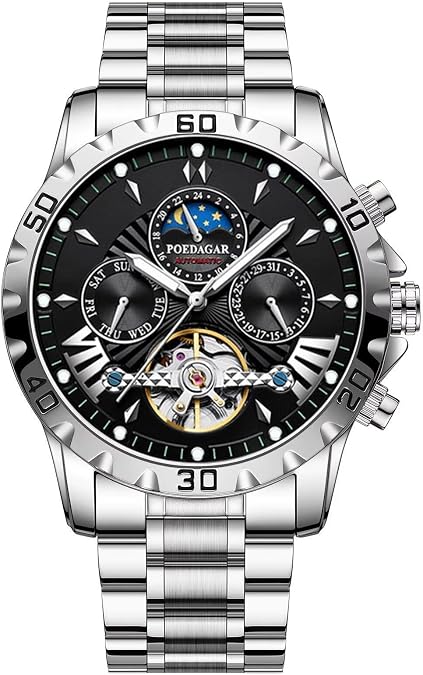 Men Automatic Watch Tourbillon Moon Phase Design Mechanical Hand-Winding Wristwatch Date Display Waterproof Business Watches,Black