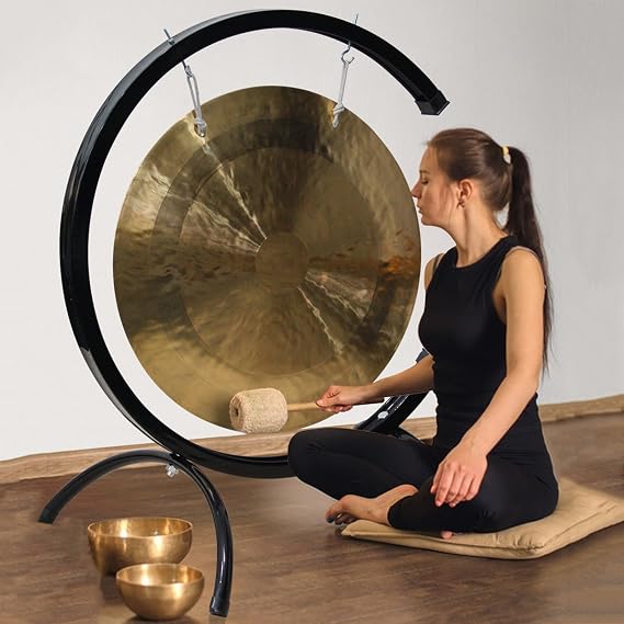Minimalist High C Gong Stands for Daily Practice, Multiple Sizes Gongs Shelf Black Finish Tubing, Multipurpose Wind Chimes Gong Rack(For 50cm (19.7") Gongs)