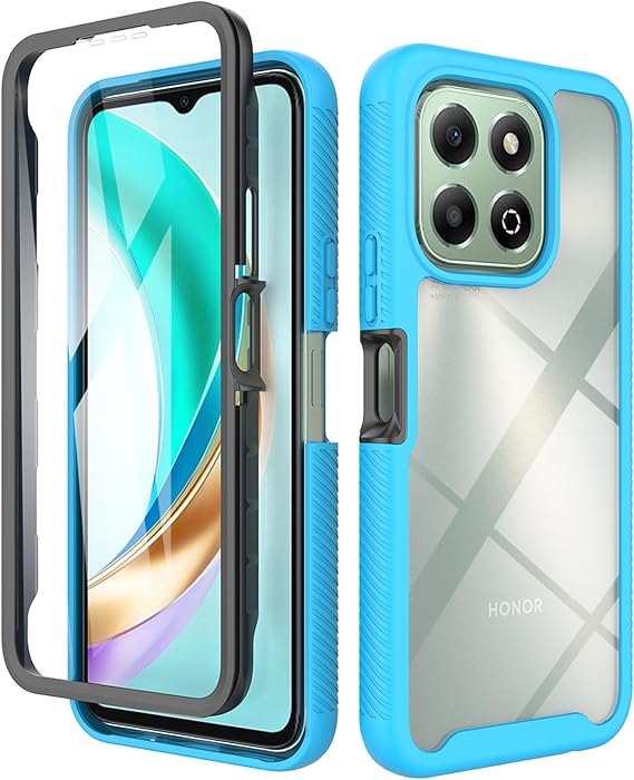 Clear Case for Honor X6b/Honor X6a/Honor X5b/Honor X5b Plus, Silicone & PC Hybrid Full-Body Armour Built-in Screen Protector and PC Bumper Military Grade 360° Shockproof Cover, Light Blue