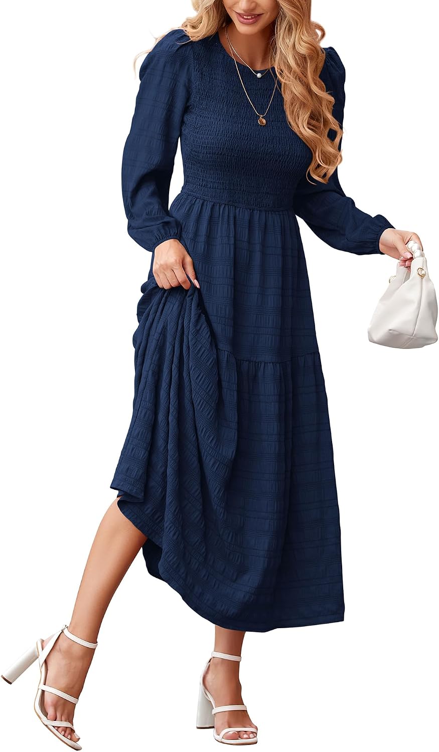 dowerme Womens Dresses 2025 Fall Puff Long Sleeve Crewneck Smocked Tiered Flowy A-Line Boho Wedding Party Maxi Dress