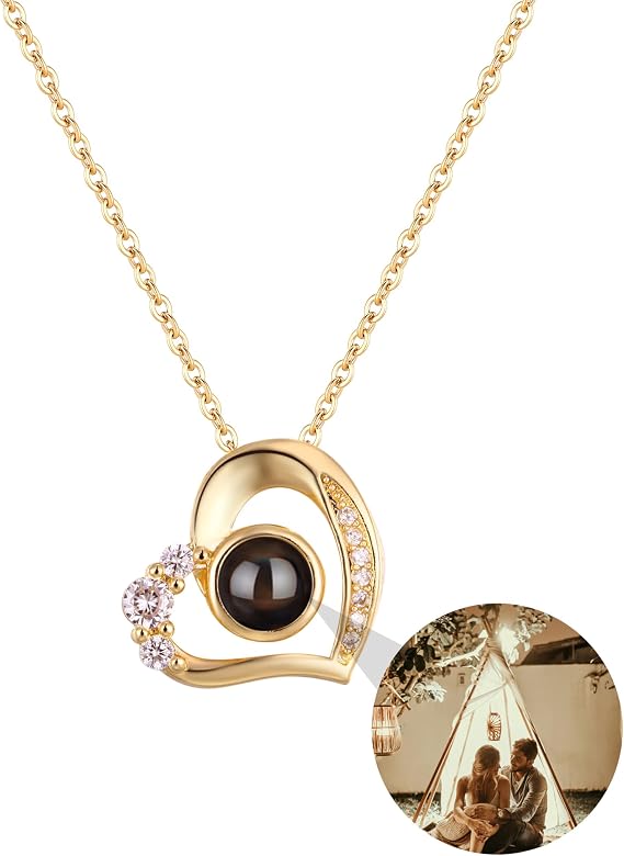 Personalised Picture Necklace Projection Necklace with Photo Inside Necklace with Individual Photo Pendant 18K Real Gold Plating Christmas Gifts for Family and Friends