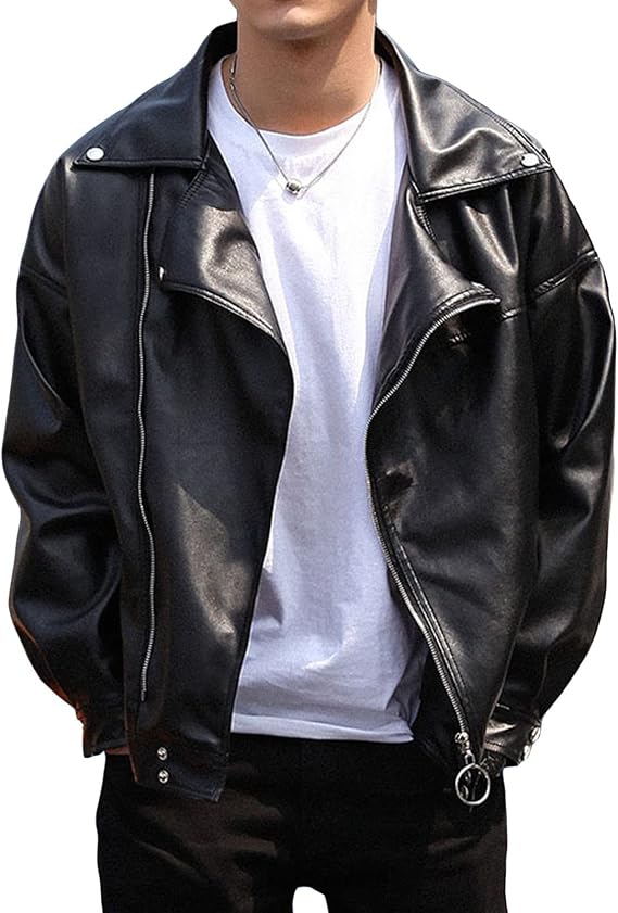 Men's Lightweight Zipper Slim Outwear Fashion Pu Faux Leather Biker Coat Punk Bomber Motorcycle Jacket
