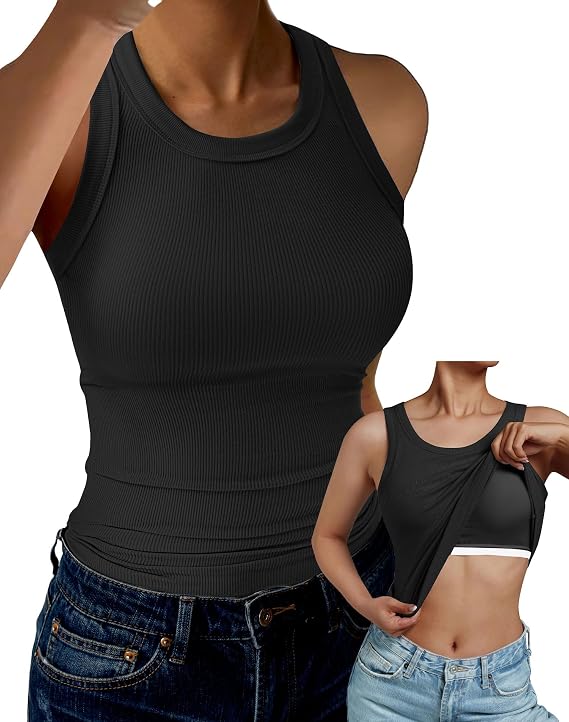 GKBK Tank Top for Women Built in Bra High Neck Ribbed Basics Tops Racerback Fitted Bra Tanks