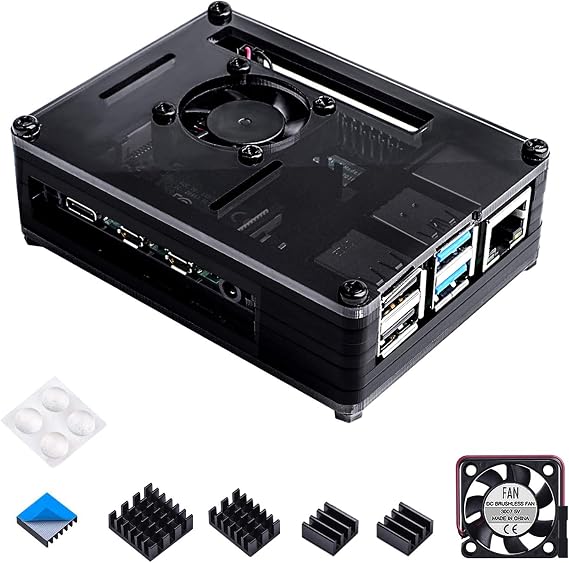 Smraza Raspberry Pi 4 Case, Acrylic Case for Raspberry Pi 4 Model B with Cooling Fan, 4PCS Heatsinks for Raspberry Pi 4B Black(RPI 4 Board Not Included)
