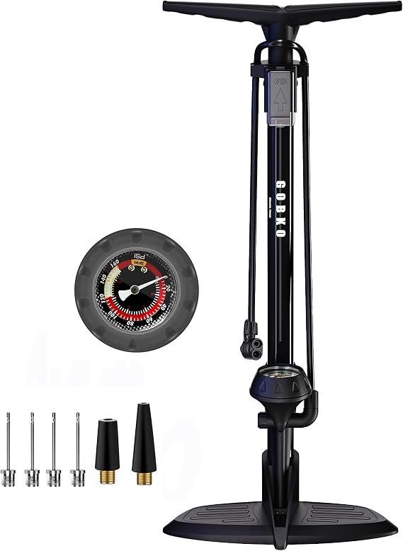 GOBKO Bike Pump Bicycle Floor Pump with Gauge, Bicycle Pumps with Presta and Schrader tire Pump multifunctional Air Pump for Road Bike MTB Sports Balls Pump High Pressure 160Psi &11Bar