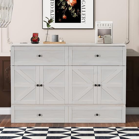Queen Size Murphy Bed, Folding Wall Hideaway Chest with USB Port and A Large Drawer, Space Saving Cabinet Bed Frame with Wood Slats Supports, Easy Assembly (Brushed White, Queen)