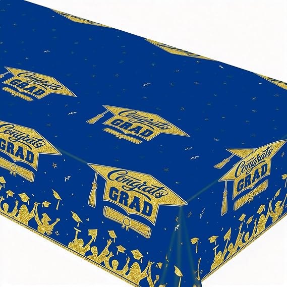 Graduation Season Blue & Gold Tablecloth Congrats Grad Party Decor(Blue&Gold-Tablecloth)