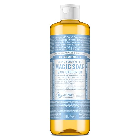Dr. Bronner's Pure-Castile Magic Soap Liquid (Baby Unscented, 16oz) Made with Regenerative Organic Certified Oils- For Sensitive Skin, Babies, Face, Hair, Laundry, Dishes, Hand Soap & Body Wash