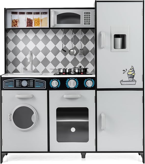 COSTWAY Kids Wooden Kitchen, Pretend Play Kitchen with Light, Sound, Ice Maker, Washing Machine, Oven, Microwave & Utensils, Large Children Chef Role Playset for Boys Girls (Grey+Black)